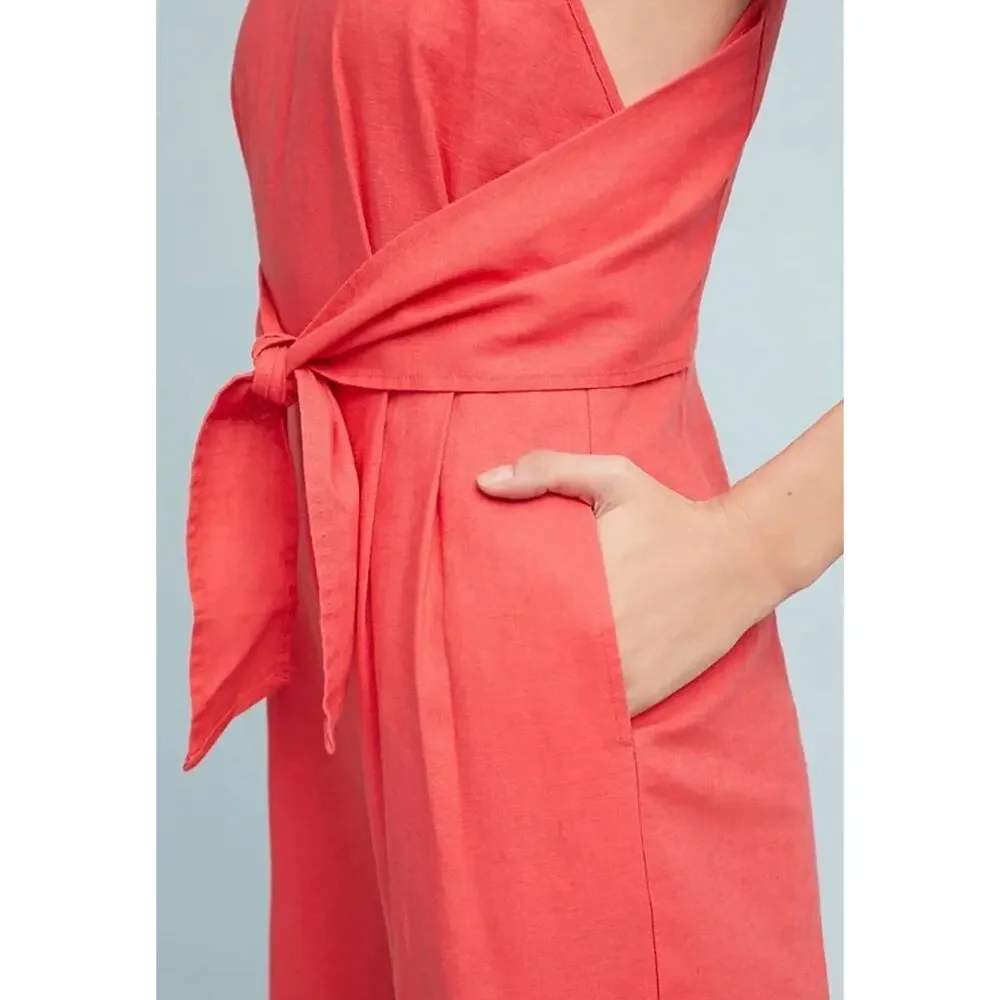 Anthropologie Greylin Linen Wide Keg Cropped Jumpsuit Size XS Petite Coral
